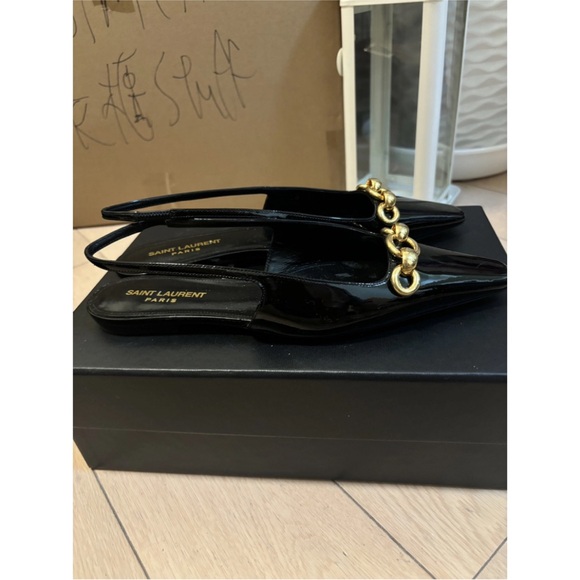Saint Laurent Black Patent Leather Slingbacks with Gold Chain